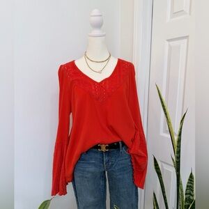 Free People Sunshine Thermal Bell Sleeve Eyelet Top Coral Red Orange Boho M